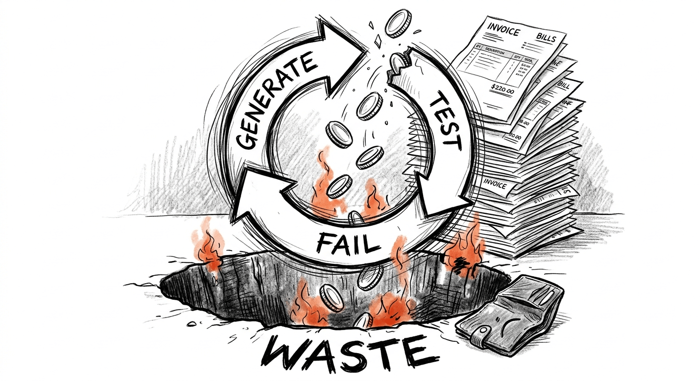 Ein Kreislauf von Generate, Test und Fail führt dazu, dass Münzen in ein brennendes Loch mit der Aufschrift Waste fallen, umgeben von Rechnungen und einem leeren Portemonnaie.